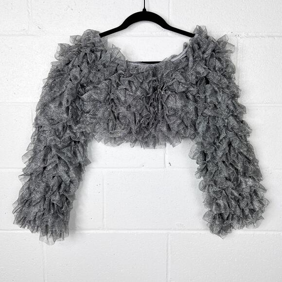 Kikiriki Metallic Ruffle Mesh Crop Top Medium Gray Silver Long Sleeve Dolls Kill - Picture 3 of 7